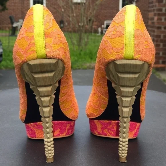 RACHEL ROY KEEDAN Orange Yellow Pink Lace Platform Pump Stilettos Heels Size 6 - Picture 7 of 16